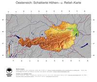 #5 Landkarte Oesterreich: farbkodierte Topographie, schattiertes Relief, Staatsgrenzen und Hauptstadt