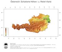 #3 Landkarte Oesterreich: farbkodierte Topographie, schattiertes Relief, Staatsgrenzen und Hauptstadt