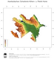 #3 Landkarte Aserbaidschan: farbkodierte Topographie, schattiertes Relief, Staatsgrenzen und Hauptstadt