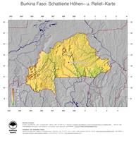 #5 Landkarte Burkina Faso: farbkodierte Topographie, schattiertes Relief, Staatsgrenzen und Hauptstadt