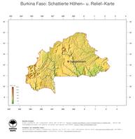 #3 Landkarte Burkina Faso: farbkodierte Topographie, schattiertes Relief, Staatsgrenzen und Hauptstadt
