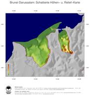 #4 Landkarte Brunei Darussalam: farbkodierte Topographie, schattiertes Relief, Staatsgrenzen und Hauptstadt