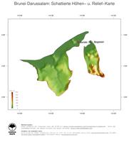 #3 Landkarte Brunei Darussalam: farbkodierte Topographie, schattiertes Relief, Staatsgrenzen und Hauptstadt