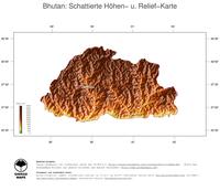 #3 Landkarte Bhutan: farbkodierte Topographie, schattiertes Relief, Staatsgrenzen und Hauptstadt