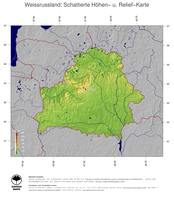 #5 Landkarte Weissrussland: farbkodierte Topographie, schattiertes Relief, Staatsgrenzen und Hauptstadt