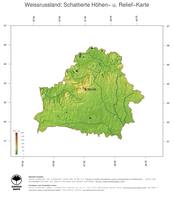 #3 Landkarte Weissrussland: farbkodierte Topographie, schattiertes Relief, Staatsgrenzen und Hauptstadt