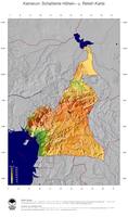 #5 Landkarte Kamerun: farbkodierte Topographie, schattiertes Relief, Staatsgrenzen und Hauptstadt