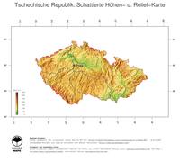 #3 Landkarte Tschechische Republik: farbkodierte Topographie, schattiertes Relief, Staatsgrenzen und Hauptstadt