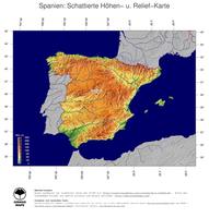 #5 Landkarte Spanien: farbkodierte Topographie, schattiertes Relief, Staatsgrenzen und Hauptstadt