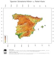 #3 Landkarte Spanien: farbkodierte Topographie, schattiertes Relief, Staatsgrenzen und Hauptstadt