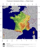 #5 Landkarte Frankreich: farbkodierte Topographie, schattiertes Relief, Staatsgrenzen und Hauptstadt