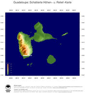 #2 Landkarte Guadeloupe: farbkodierte Topographie, schattiertes Relief, Staatsgrenzen und Hauptstadt