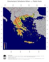#4 Landkarte Griechenland: farbkodierte Topographie, schattiertes Relief, Staatsgrenzen und Hauptstadt