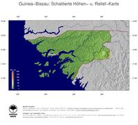 #5 Landkarte Guinea-Bissau: farbkodierte Topographie, schattiertes Relief, Staatsgrenzen und Hauptstadt