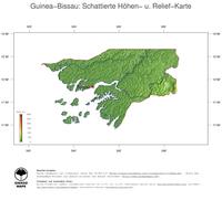 #3 Landkarte Guinea-Bissau: farbkodierte Topographie, schattiertes Relief, Staatsgrenzen und Hauptstadt