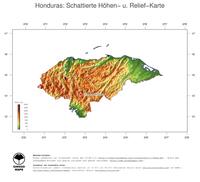 #3 Landkarte Honduras: farbkodierte Topographie, schattiertes Relief, Staatsgrenzen und Hauptstadt