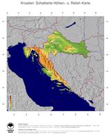 #5 Landkarte Kroatien: farbkodierte Topographie, schattiertes Relief, Staatsgrenzen und Hauptstadt