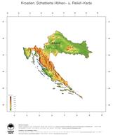 #3 Landkarte Kroatien: farbkodierte Topographie, schattiertes Relief, Staatsgrenzen und Hauptstadt