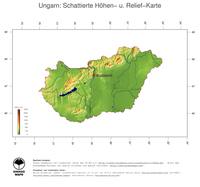 #3 Landkarte Ungarn: farbkodierte Topographie, schattiertes Relief, Staatsgrenzen und Hauptstadt