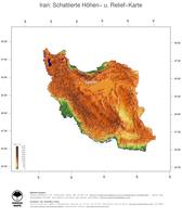 #3 Landkarte Iran: farbkodierte Topographie, schattiertes Relief, Staatsgrenzen und Hauptstadt