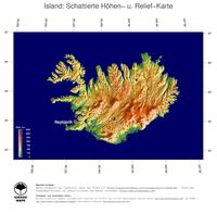#5 Landkarte Island: farbkodierte Topographie, schattiertes Relief, Staatsgrenzen und Hauptstadt