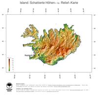 #3 Landkarte Island: farbkodierte Topographie, schattiertes Relief, Staatsgrenzen und Hauptstadt