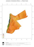 #3 Landkarte Jordanien: farbkodierte Topographie, schattiertes Relief, Staatsgrenzen und Hauptstadt