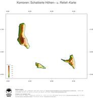 #3 Landkarte Komoren: farbkodierte Topographie, schattiertes Relief, Staatsgrenzen und Hauptstadt