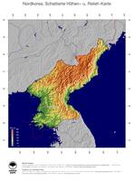 #5 Landkarte Nordkorea: farbkodierte Topographie, schattiertes Relief, Staatsgrenzen und Hauptstadt