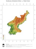 #3 Landkarte Nordkorea: farbkodierte Topographie, schattiertes Relief, Staatsgrenzen und Hauptstadt