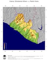 #5 Landkarte Liberia: farbkodierte Topographie, schattiertes Relief, Staatsgrenzen und Hauptstadt
