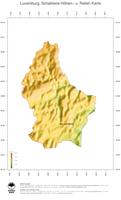 #3 Landkarte Luxemburg: farbkodierte Topographie, schattiertes Relief, Staatsgrenzen und Hauptstadt