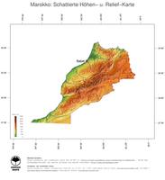 #3 Landkarte Marokko: farbkodierte Topographie, schattiertes Relief, Staatsgrenzen und Hauptstadt