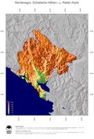 #4 Landkarte Montenegro: farbkodierte Topographie, schattiertes Relief, Staatsgrenzen und Hauptstadt