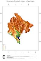 #3 Landkarte Montenegro: farbkodierte Topographie, schattiertes Relief, Staatsgrenzen und Hauptstadt