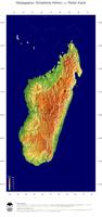 #5 Landkarte Madagaskar: farbkodierte Topographie, schattiertes Relief, Staatsgrenzen und Hauptstadt