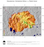 #5 Landkarte Mazedonien: farbkodierte Topographie, schattiertes Relief, Staatsgrenzen und Hauptstadt