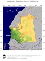 #5 Landkarte Mauretanien: farbkodierte Topographie, schattiertes Relief, Staatsgrenzen und Hauptstadt