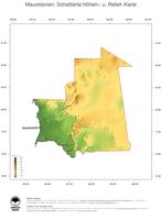 #3 Landkarte Mauretanien: farbkodierte Topographie, schattiertes Relief, Staatsgrenzen und Hauptstadt