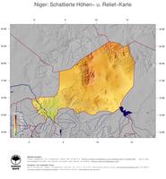 #5 Landkarte Niger: farbkodierte Topographie, schattiertes Relief, Staatsgrenzen und Hauptstadt