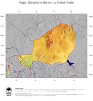 #5 Landkarte Niger: farbkodierte Topographie, schattiertes Relief, Staatsgrenzen und Hauptstadt