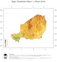 #3 Landkarte Niger: farbkodierte Topographie, schattiertes Relief, Staatsgrenzen und Hauptstadt