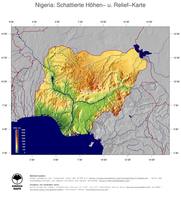 #5 Landkarte Nigeria: farbkodierte Topographie, schattiertes Relief, Staatsgrenzen und Hauptstadt