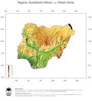 #3 Landkarte Nigeria: farbkodierte Topographie, schattiertes Relief, Staatsgrenzen und Hauptstadt