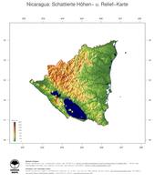 #3 Landkarte Nicaragua: farbkodierte Topographie, schattiertes Relief, Staatsgrenzen und Hauptstadt