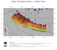 #5 Landkarte Nepal: farbkodierte Topographie, schattiertes Relief, Staatsgrenzen und Hauptstadt