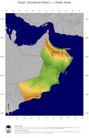 #5 Landkarte Oman: farbkodierte Topographie, schattiertes Relief, Staatsgrenzen und Hauptstadt