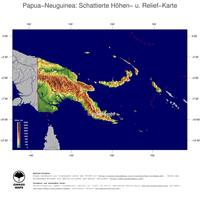 #5 Landkarte Papua-Neuguinea: farbkodierte Topographie, schattiertes Relief, Staatsgrenzen und Hauptstadt