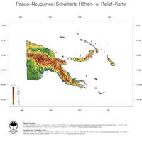 #3 Landkarte Papua-Neuguinea: farbkodierte Topographie, schattiertes Relief, Staatsgrenzen und Hauptstadt