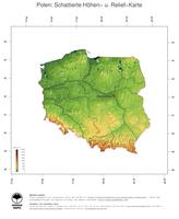 #3 Landkarte Polen: farbkodierte Topographie, schattiertes Relief, Staatsgrenzen und Hauptstadt